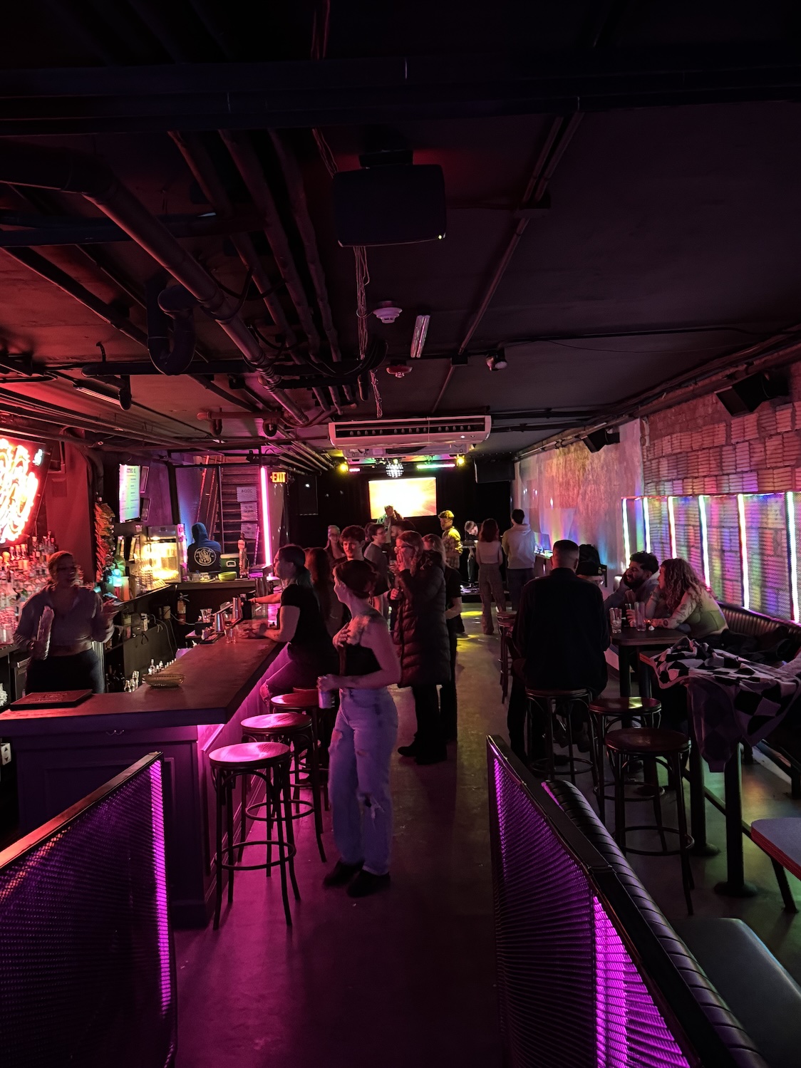 A basement bar packed with visitors during karaoke night.