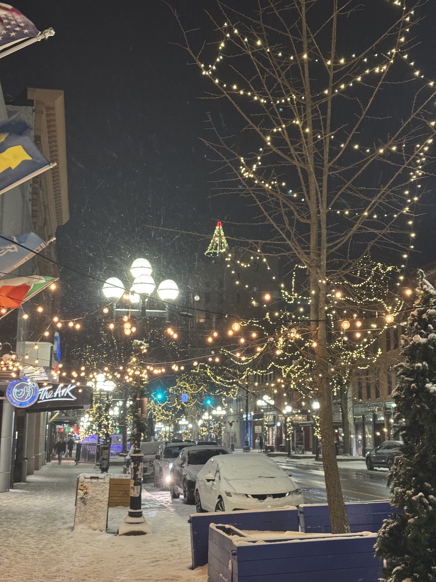 Snowy Main Street on New Years Eve.