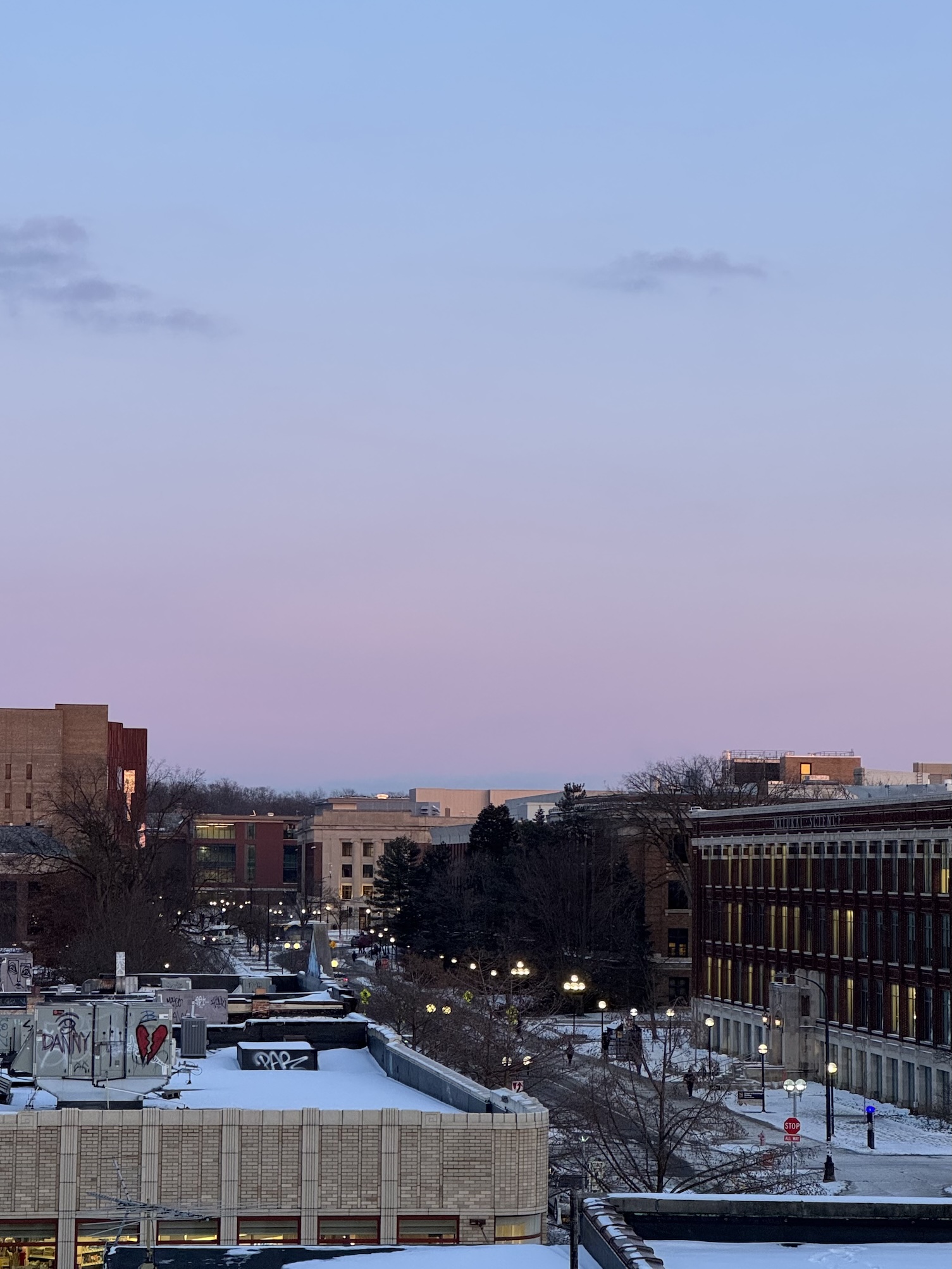 A beautiful pink and purple sunset over the University of Michigan campus.