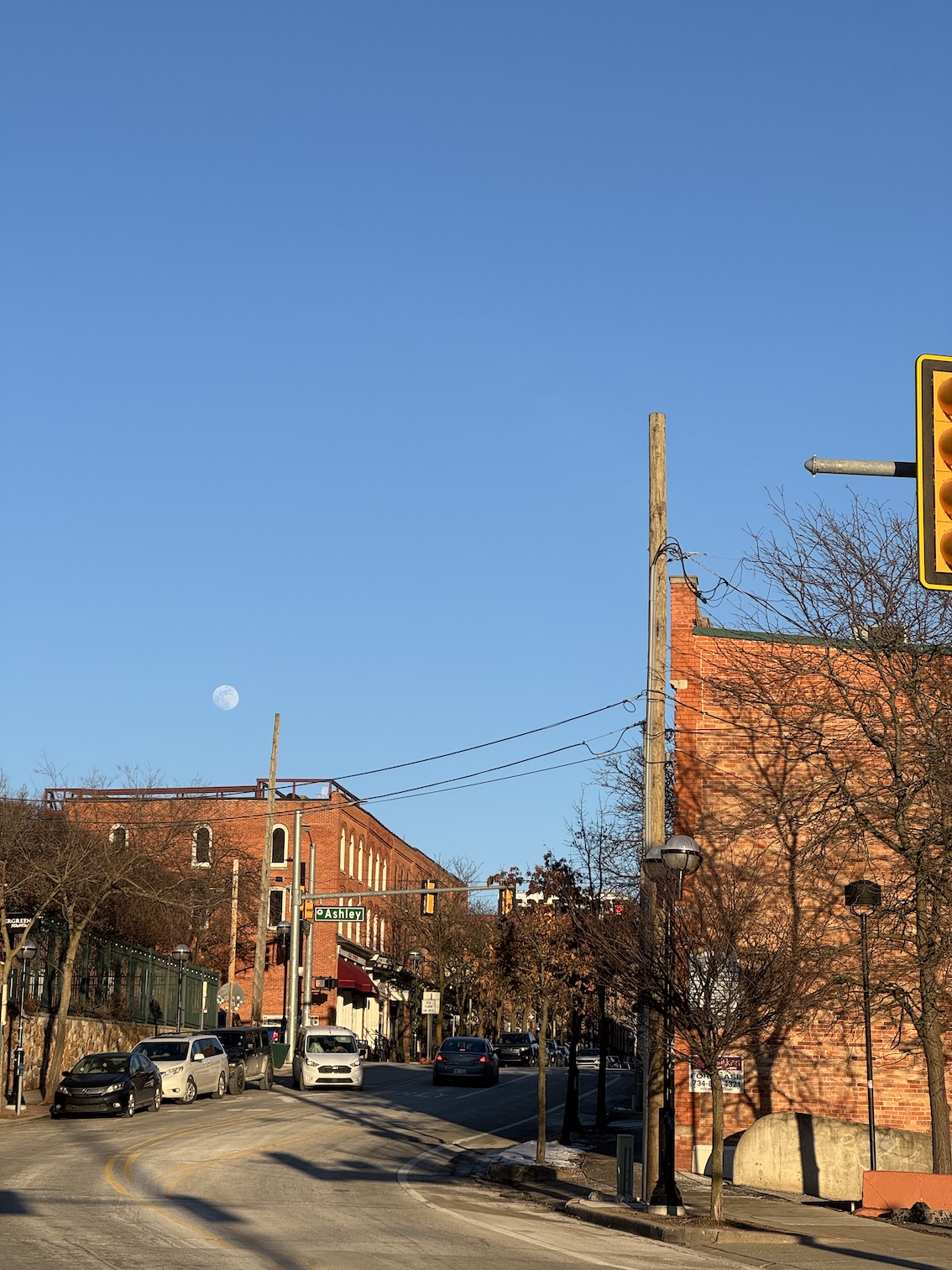 A sunny late afternoon in downtown Ann Arbor near Ashley Street.