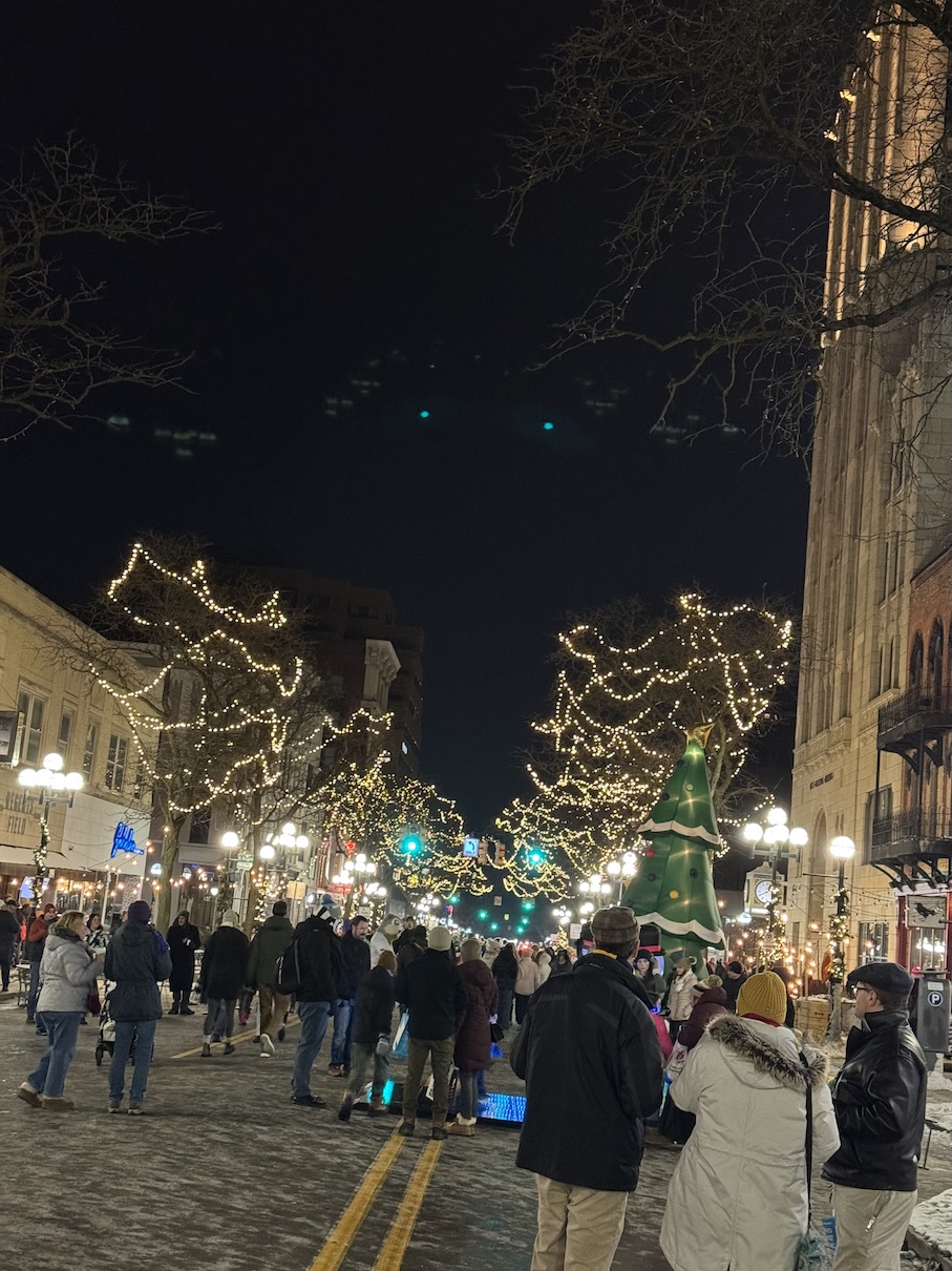 Main Street (Ann Arbor) decorated for Christmas and filled with festival-goers