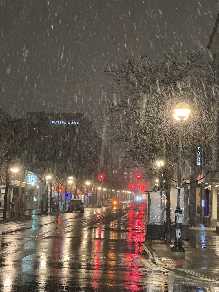 Thick blowing snow downtown at night; Ann Arbor, Michigan